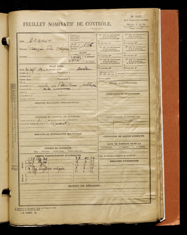 Babaut, François Elie Olivier, né le 30 septembre 1892 à Arvillers (Somme), classe 1912, matricule n° 1316, Bureau de recrutement d'Amiens