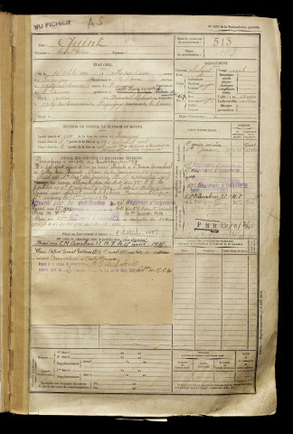 Quint, Marcel Arsène, né le 30 octobre 1897 à Ailly-sur-Somme (Somme), classe 1917, matricule n° 513, Bureau de recrutement d'Amiens