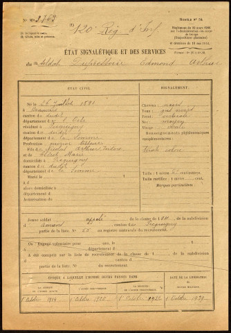 Dupressoire, Edmond Arthur, né le 26 juillet 1891 à Beauvais (Oise), classe 1911, matricule n° 55, Bureau de recrutement d'Amiens