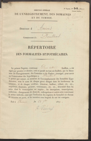 Répertoire des formalités hypothécaires, du 03/02/1872 au 25/05/1872, volume n° 123 (Conservation des hypothèques de Doullens)