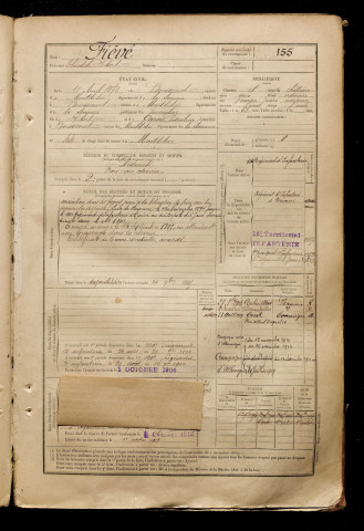 Fiévé, Théodule Hubert, né le 17 avril 1872 à Boussicourt (Somme), classe 1892, matricule n° 155, Bureau de recrutement de Péronne