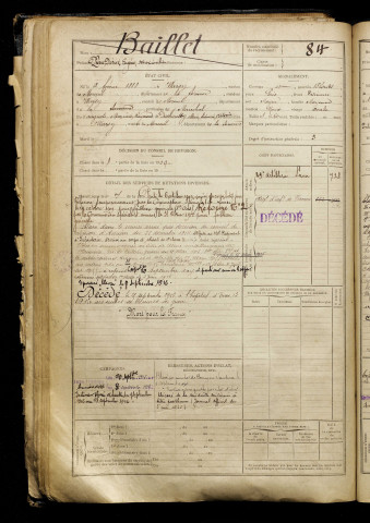 Baillet, Pierre Désiré Eugène Maximilien, né le 02 février 1888 à Warsy (Somme), classe 1908, matricule n° 84, Bureau de recrutement de Péronne