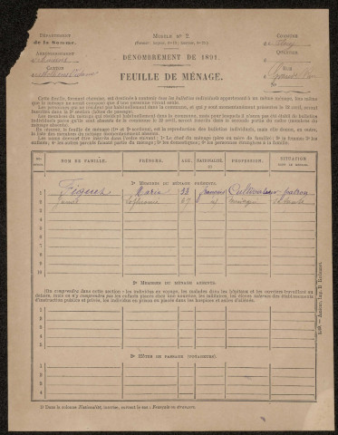 Dénombrement de la population 1891 : Fluy (feuilles ménages)