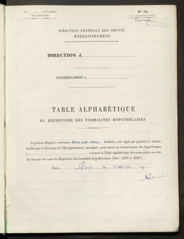 Table du répertoire des formalités, de Chrestien à Cottrel, registre n° 10 (Péronne)
