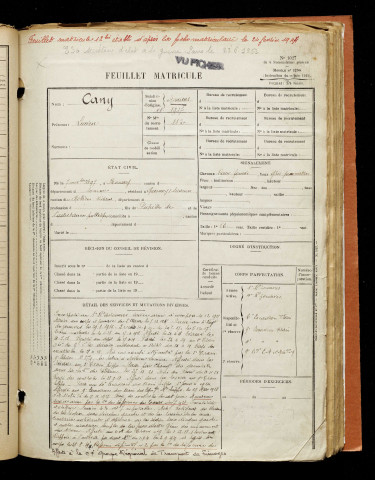 Cany, Lucien, né le 07 novembre 1897 à Ronssoy (Somme), classe 1917, matricule n° 112, Bureau de recrutement d'Amiens