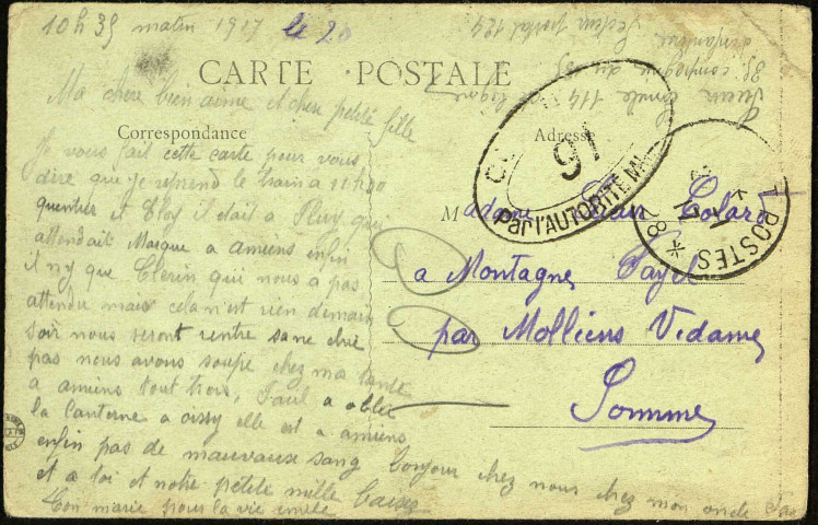 Carte postale d'une gare adressée par Emile Sueur (1886-1948) à Julienne Colard (1887-1974) et sa fille Reine