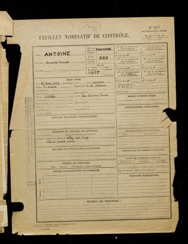 Antoine, Anatole Pascal, né le 27 mars 1887 à Sourdon (Somme), classe 1907, matricule n° 389, Bureau de recrutement de Péronne