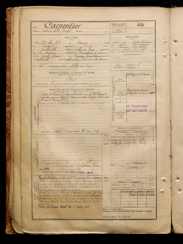 Carpentier, Adrien Louis Joseph, né le 28 mai 1872 à Broyes (Oise), classe 1892, matricule n° 426, Bureau de recrutement de Péronne