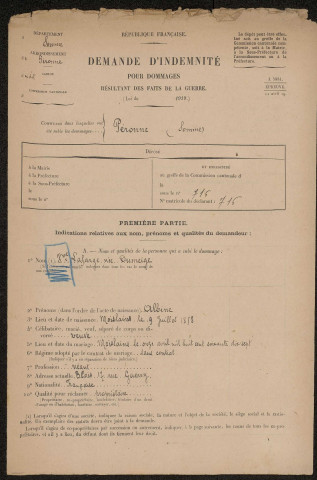 Péronne. Demande d'indemnisation des dommages de guerre : dossier Lafarge