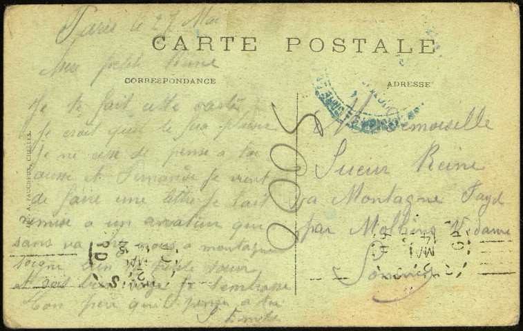 Carte postale "Paris - La rue Soufflot et le Panthéon" adressée par Emile Sueur (1886-1948) à sa fille Reine