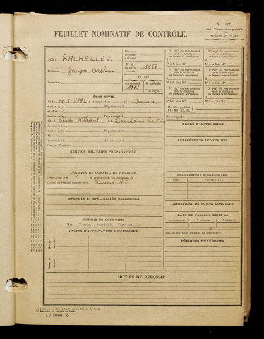 Bachellez, Georges Arthur, né le 11 mars 1893 à Amiens (Somme), classe 1913, matricule n° 1257, Bureau de recrutement d'Amiens