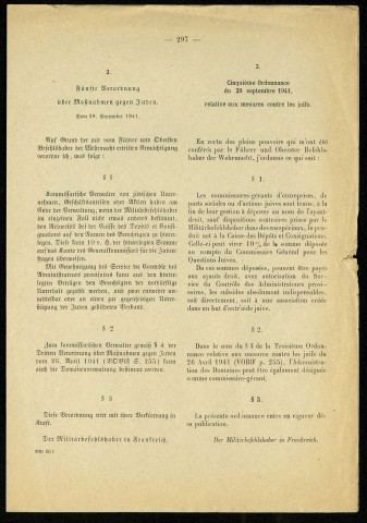 Verordnungsblatt des Militärbefehlshabers in Frankreich n° 43 du 6 octobre 1941. Jounal officiel contenant les ordonnances du Militärbefehlshaber in Frankreich