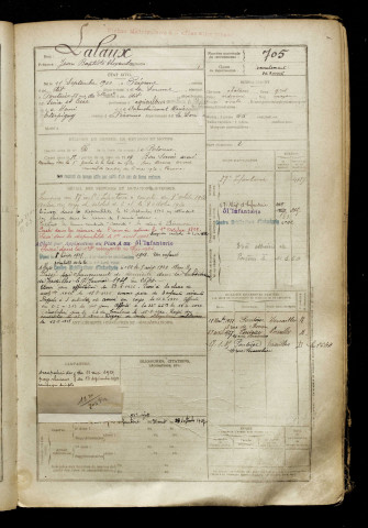 Lalaux, Jean Baptiste Alexandre, né le 15 septembre 1900 à Péronne (Somme), classe 1920, matricule n° 705, Bureau de recrutement de Péronne