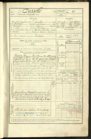 Casselle, Edmond Auguste, né le 15 novembre 1861 à Grivillers (Somme, France), classe 1881, matricule n° 61, Bureau de recrutement Péronne