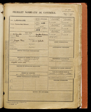 Lemaire, Pierre Paul Roland, né le 29 juin 1898 à Morvillers-Saint-Saturnin (Somme), classe 1917, matricule n° 433, Bureau de recrutement d'Amiens