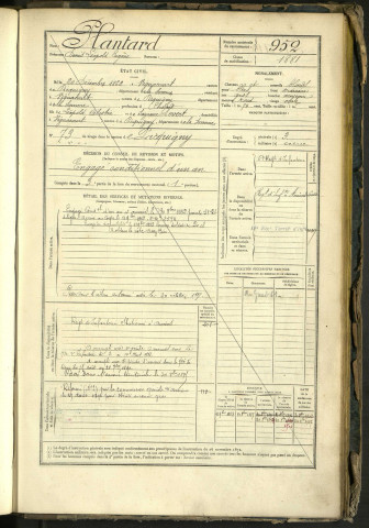 Plantard, Denis Léopold Eugène, né le 20 décembre 1862 à Vignacourt (Somme, France), classe 1882, matricule n° 952, Bureau de recrutement d'Amiens