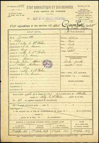Gambet, Optat Emile Ulysse, né le 13 mars 1885 à Long (Somme), classe 1905, matricule n° 692, Bureau de recrutement d'Abbeville