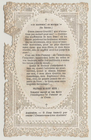 Image pieuse dentelle. Saint désir d'union à Jésus victime. La Croix du Christ