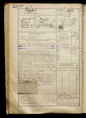 Roger, Léon Alfred Charles, né le 26 novembre 1889 à Dernancourt (Somme), classe 1909, matricule n° 1072, Bureau de recrutement de Péronne