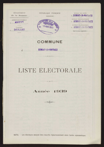 Liste électorale : Domart-en-Ponthieu (Domart)