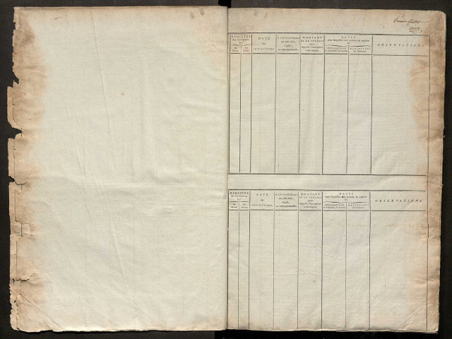 Répertoire des formalités hypothécaires, du 19 ventôse an 10 au 27 germinal an 10, registre n° 021 (Péronne)