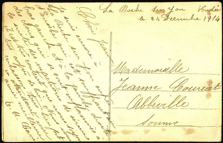 Carte postale "brodée" de bonne année, adressée par un soldat en convalescence à La Roche-sur-Yon à Mlle Jeanne Couriat à Abbeville