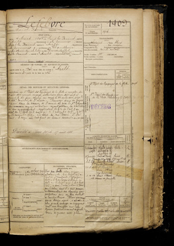 Lefebvre, Marcel René, né le 04 mars 1897 à Mers-les-Bains (Somme), classe 1917, matricule n° 1409, Bureau de recrutement d'Amiens