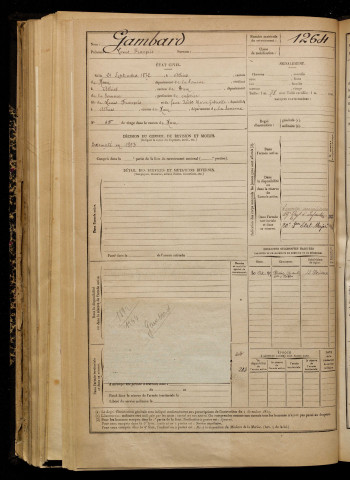 Gambart, Louis François, né le 21 septembre 1872 à Athies (Somme), classe 1892, matricule n° 1264, Bureau de recrutement de Péronne