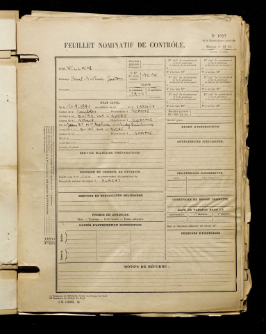 Villain, Paul Arthur Gaston, né le 10 septembre 1891 à Carnoy (Somme), classe 1911, matricule n° 1010, Bureau de recrutement de Péronne