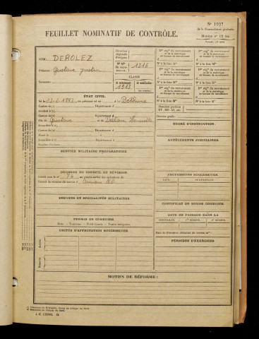 Derolez, Gustave Justin, né le 23 février 1893 à Béthune (Pas-de-Calais), classe 1913, matricule n° 1316, Bureau de recrutement d'Amiens