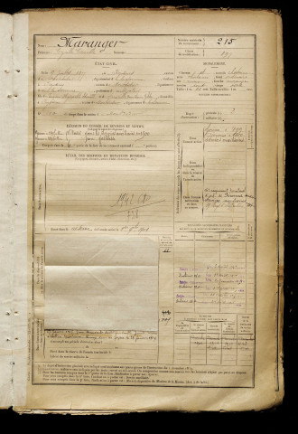 Maranger, Cyrille Camille, né le 09 juillet 1877 à Fignières (Somme), classe 1897, matricule n° 215, Bureau de recrutement de Péronne