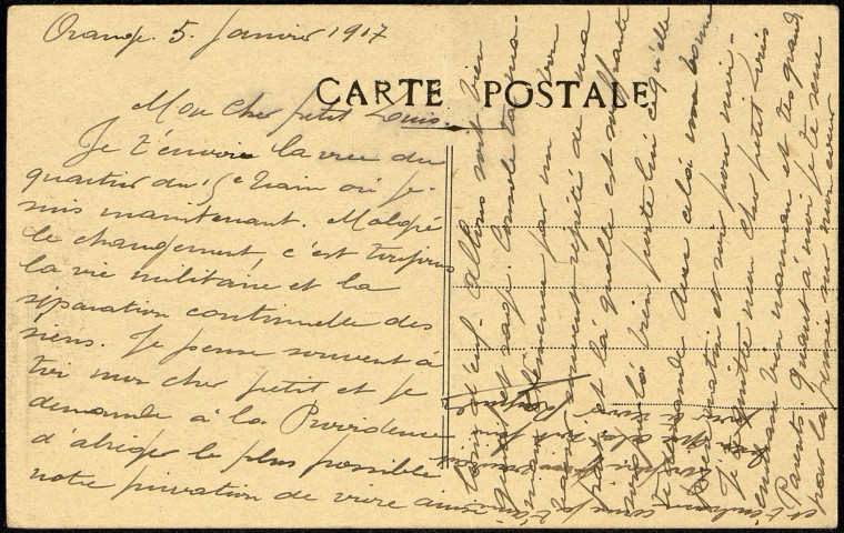 Carte postale intitulée "Orange. Caserne du train des équipages". Correspondance de Raymond Paillart à son fils Louis