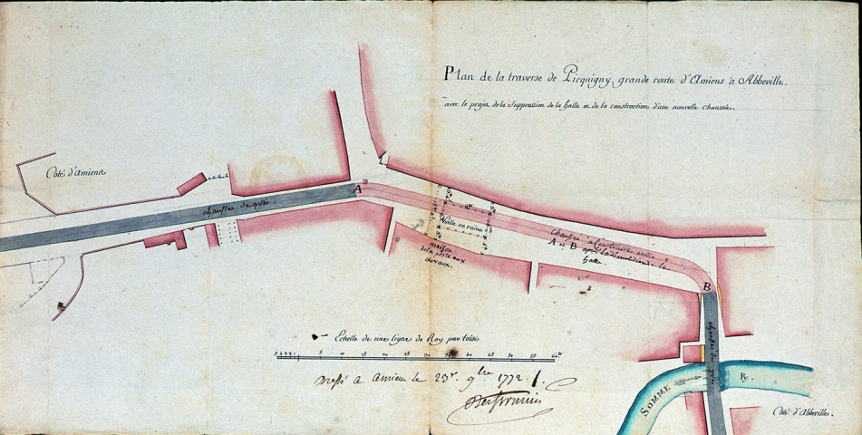 Plan de la traverse de Picquigny grande route d'Amiens à Abbeville avec le projet de suppression de la halle et de la construction d'une nouvelle chaussée