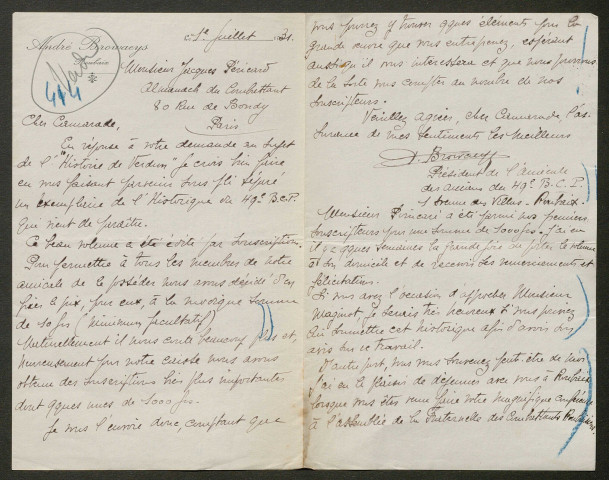 Témoignage de Browaeys, André (Capitaine) et correspondance avec Jacques Péricard