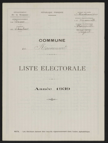 Liste électorale : Framerville-Rainecourt (Rainecourt)