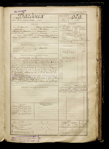 Bardoux, Pierre Georges Joseph, né le 25 mai 1901 à Buigny-lès-Gamaches (Somme), classe 1921, matricule n° 929, Bureau de recrutement d'Abbeville
