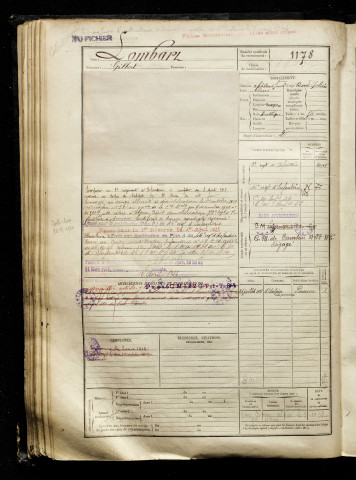 Lombart, Gilbert, né le 30 octobre 1897 à Ham (Somme), classe 1917, matricule n° 1178, Bureau de recrutement de Péronne