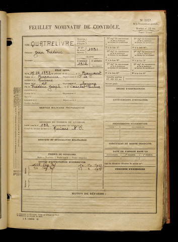 Quatrelivre, Jean Frédéric, né le 17 décembre 1892 à Bancourt (Pas-de-Calais), classe 1912, matricule n° 1091, Bureau de recrutement d'Amiens