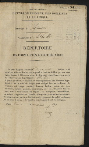 Répertoire des formalités hypothécaires, du 12/06/1869 au 13/09/1869, registre n° 273 (Abbeville)
