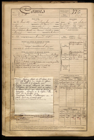 Camus, Camille, né le 20 mars 1867 à Seignelay (Yonne), classe 1887, matricule n° 776, Bureau de recrutement d'Amiens