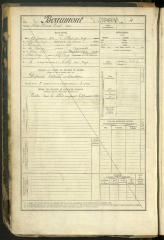 Beaumont, Pierre Honoré Louis, né le 29 janvier 1861 à Flers-sur-Noye (Somme, France), classe 1881, matricule n° 4, Bureau de recrutement Péronne