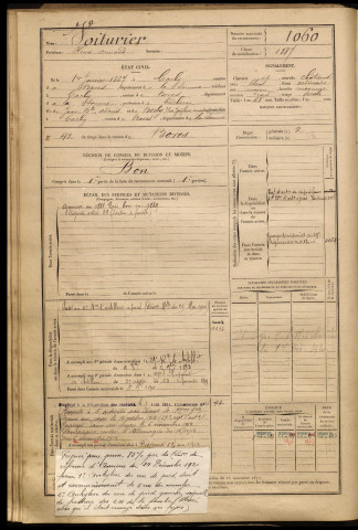 Voiturier, Henri Armand, né le 01 janvier 1867 à Cachy (Somme), classe 1887, matricule n° 1060, Bureau de recrutement d'Amiens