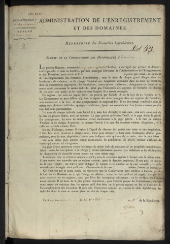Répertoire des formalités hypothécaires, du 28 germinal an XI au 3 prairial an XI, volume 53 (Conservation des hypothèques d'Amiens)