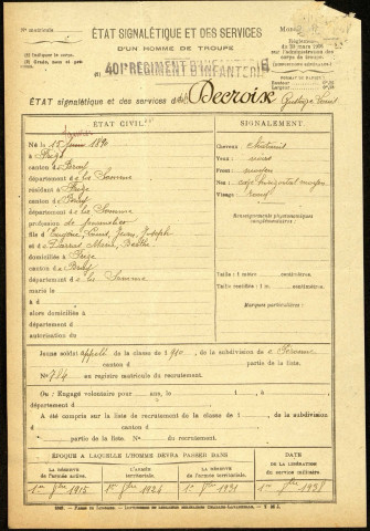 Decroix, Gustave Louis, né le 15 janvier 1890 à Frize (Somme), classe 1910, matricule n° 784, Bureau de recrutement de Péronne