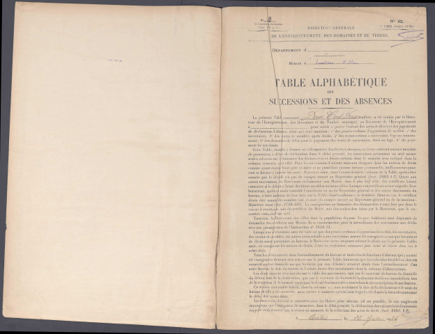 Table des successions et absences du bureau d'Amiens