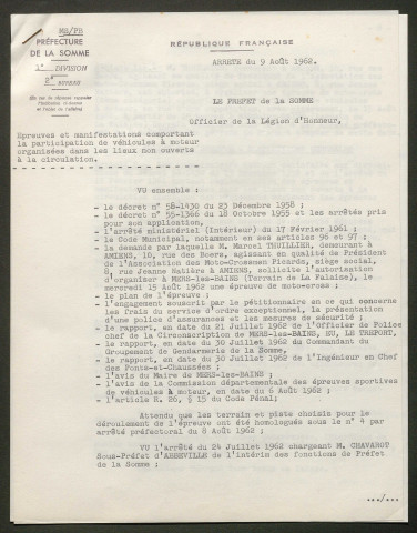 Organisation du Moto-cross de Mers-les-Bains le 15 août 1962 sur le terrain dénommé « la Falaise »