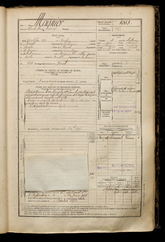 Magnier, Charles Henri Désiré, né le 10 octobre 1873 à Nurlu (Somme), classe 1893, matricule n° 1063, Bureau de recrutement de Péronne