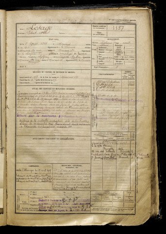 Lesage, Robert Albert, né le 06 février 1898 à Amiens (Somme), classe 1918, matricule n° 1187, Bureau de recrutement d'Amiens
