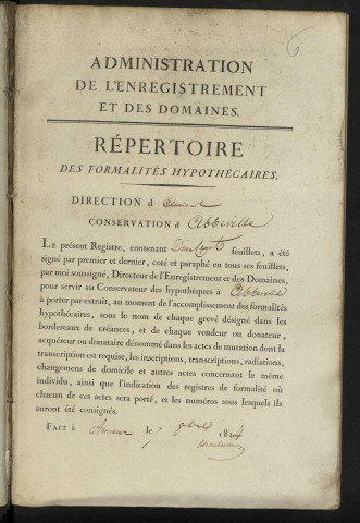 Répertoire des formalités hypothécaires, du 2 messidor an IX au 14/02/1815, registre n° 006 (Abbeville)