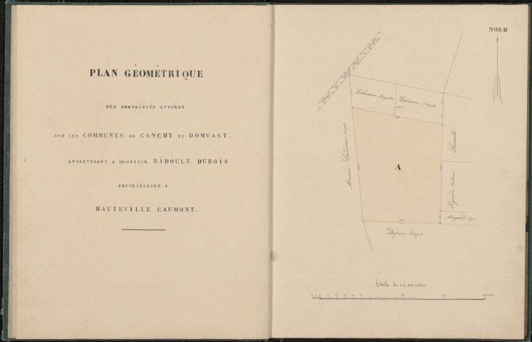 Plan géométrique des propriétés situées sur les communes de Canchy et Domvast appartenant à Monsieur Ridoult Dubois propriétaire a Hauteville Caumont. France, Neuilly l'Hôpital, daté 1874